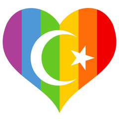 Rainbow heart as symbol of homosexuals and homosexuality and crescent and star of islam. Tolerance of progressive and liberal muslims to gays, lesbians and lgbt