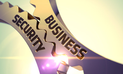 Poster - Business Security on Mechanism of Golden Gears with Glow Effect. Business Security - Illustration with Glowing Light Effect. Business Security - Concept. 3D Render.