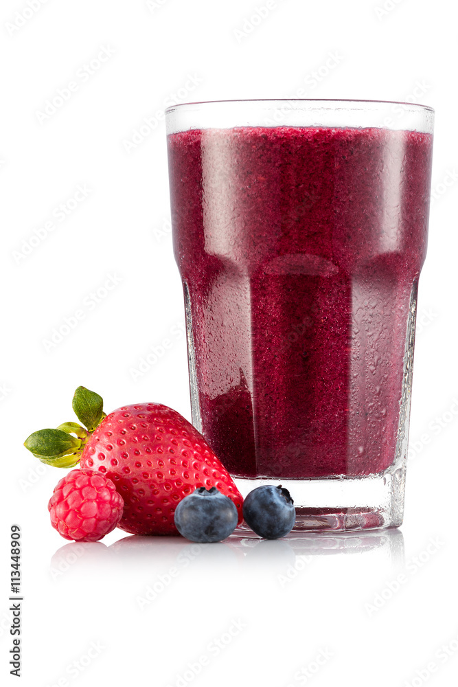 Smoothie in glass with strawberry, bilberry and raspberry - obrazy, fototapety, plakaty 