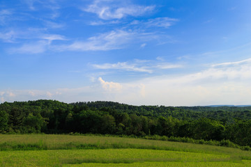 Green pasture and sunny day in Hudson Valley NY over looking mou