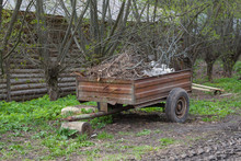 Old Rusty Cart With Wood, Wagon With Firewood