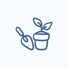 Sticker - Garden trowel and pot with plant sketch icon.