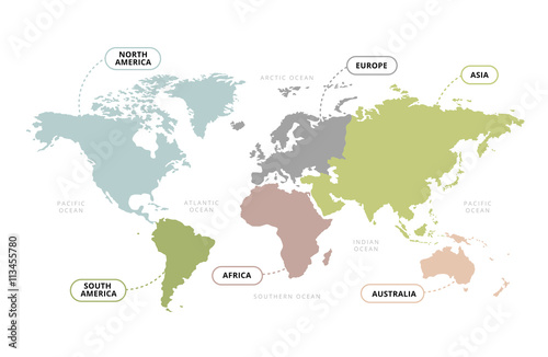 World Map Continents / Vector of World Map with Continents Section Name Poster Mural XXL