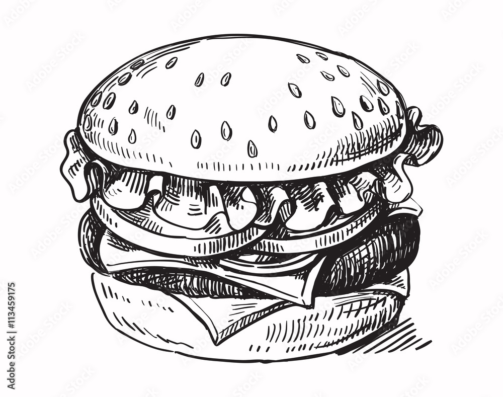 black hand drawn hamburger - obrazy, fototapety, plakaty 