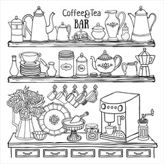 Hand drawn vector set of  coffee and tea bar. Black and white sketch of pots, cups, coffee machine in the cupboard. Doodle illustration of dishes on the shelves