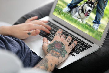 Poster - Young man with tattoo using laptop on a sofa at home