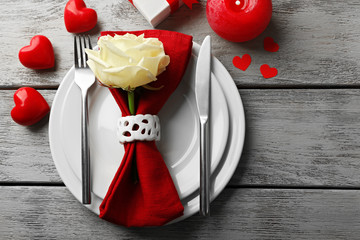 Wall Mural - Festive table setting for Valentines Day on wooden background