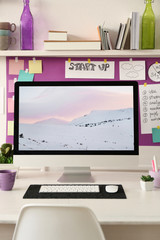 Canvas Print - Stylish workplace with computer and interior decorations