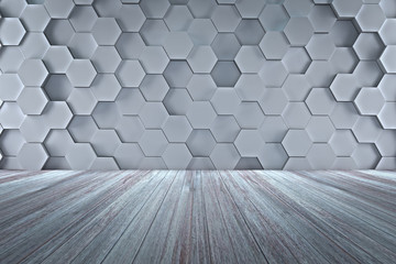 3d rendering of abstract concrete interior with honeycomb structure on gray wall