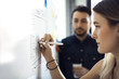 © Cavan Images - Businesswoman writing on whiteboard while male colleague standing in background