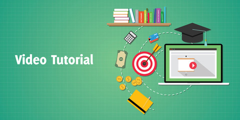 Poster - video tutorials concept with laptop play and goals vector graphic