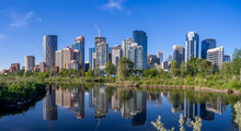 Calgary Skyline Reflected In A Reconstructed Urban Wetland Along The Bow River.