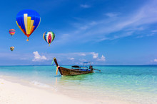 Colorful Hot-air Balloons Flying Over The Sea At Krabi, Thailand.
