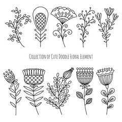 Wall Mural - Collection of hand drawn doodle flowers and herbs. Floral doodle elements for wedding or greeting cards. Vector illustration
