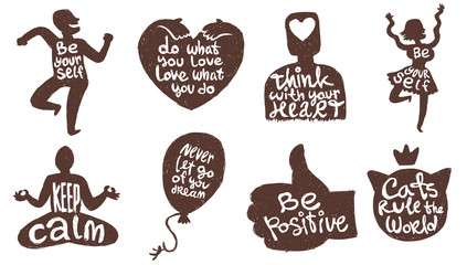 Vector set of eight motivational cards with cartoon images of black silhouettes of cat's head, heart, man, woman, balloon and hand with variety of motivational inscriptions on a white background.