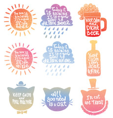 Wall Mural - Vector set of motivational cards with cartoon images of silhouettes of suns, clouds, cat's heads, bottle and mug of beer with a variety of motivational slogans on a white background. Hand drawn poster