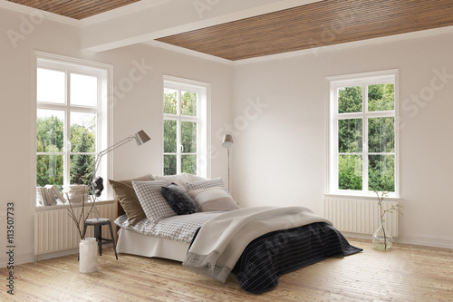 Foto Modern bedroom with hardwood floor and ceiling