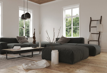 Wall Mural - Two bare windows behind large black sofas