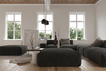 Wall Mural - Three bare windows behind large black sofas