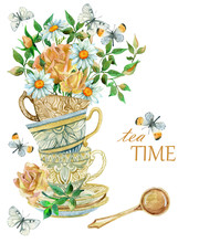 Watercolor Tea Cups Background With Spoon, Flowers And Butterfly.
