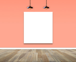 Blank frame in room with ceiling lamp for information message.