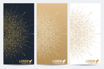 Poster - Modern set of vector flyers. Molecule and communication background. Geometric abstract round golden forms. Connected line with dots. Graphic composition for medicine, science, technology, chemistry.