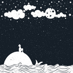 Man silhouette, sitting on a whale and looking at the moon.
