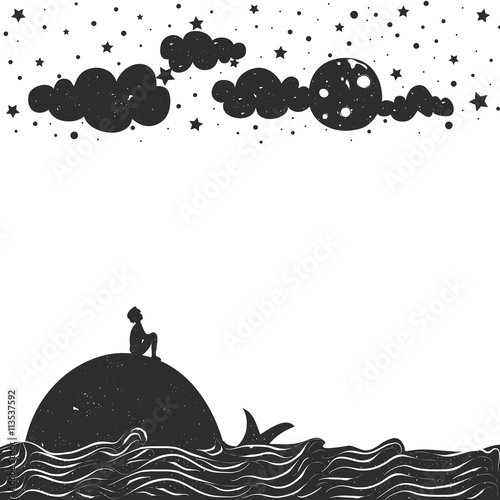 Foto-Schiebegardine Komplettsystem - Man silhouette sitting on a whale and looking at the moon (von julymilks)