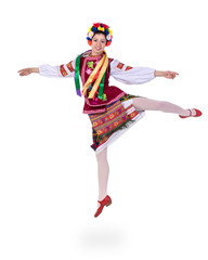 Wall Mural - jumping girl in polish national traditional costume, full length portrait against isolated white background