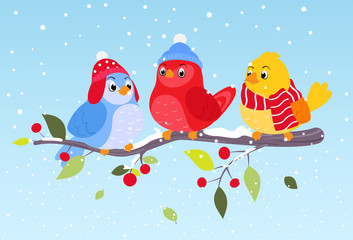 Colorful birds on winter scene 