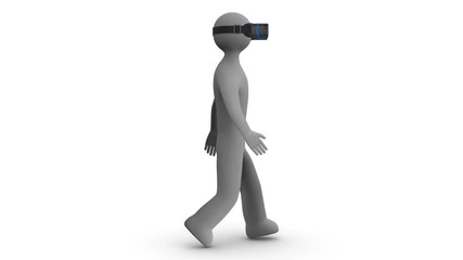 3d man walking in a virtual reality headset on white and transparent background. Loop.