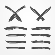 Collection Of Army Knives, Line Icons Set, Typical Combat Knife, Crossed Knives Samples, Stock Knife Vector Illustration