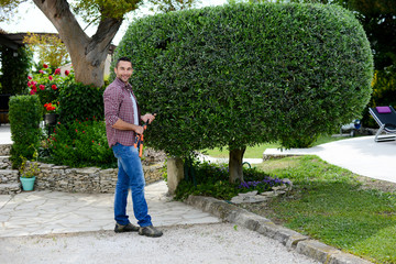 handsome young man gardener trimming and lanscaping green bushes