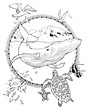 coloring page about whale and turtles and seagulls