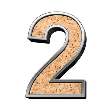 One digit from cork with silver shiny frame alphabet set, isolated on white. 3D illustration.