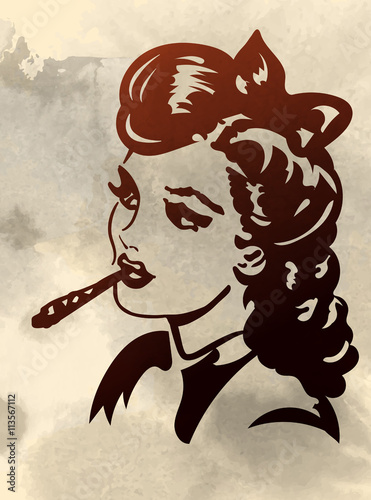 Naklejka - mata magnetyczna na lodówkę Retro young woman smocking joint vector image