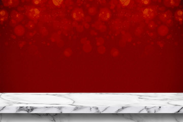 Sticker - Empty marble table with red background.