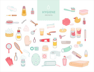 The set of hygiene elements on white background, flat cartoon vector illustration