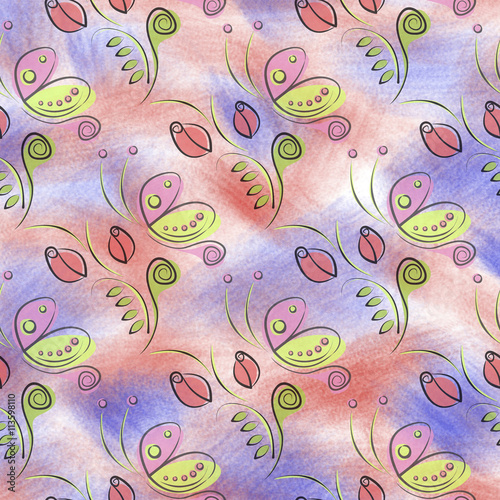 Hand Drawn Textured Watercolor Floral Background With Insect Artistic Template With Flowers And Butterflies Decorative Pattern Series Of Watercolor Oil Pastel And Drawn Backgrounds Buy This Stock Illustration And Explore Similar