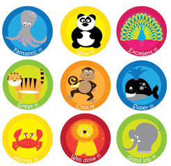 stickers set for children: well done, good job, excellent - motivational text