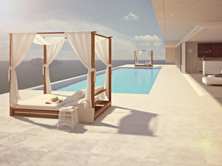 luxury swimming pool in santorini. color edit. 3d rendering