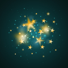 Wall Mural - Magic background with blurred stars. Vector gold defocused stars on cyan background.