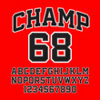 Tackle Twill style Champ typeface. Embroidered sports font. Letters and numbers.
