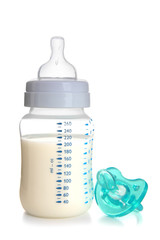 Fototapete - Baby milk bottle with pacifier, isolated on white