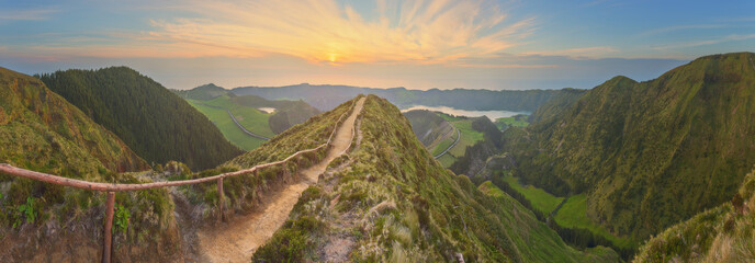 Wall Mural - mountain landscape with hiking trail and view of beautiful lakes, ponta delgada, sao miguel island, 