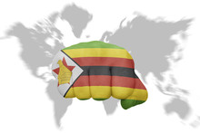 Fist With The National Flag Of Zimbabwe On A World Map Background
