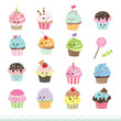 Kawaii cupcakes set. Cute cartoon characters.