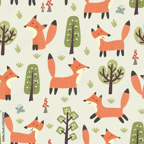 Fototapeta Forest seamless pattern with cute little foxes and trees