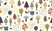 The Vector Illustrated Seamless Pattern Of Flat Forest Elements - Various Trees, Wild Animals And Seeds.