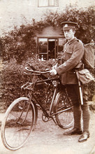 English Soldier With Bike, Gun And Uniform. Young Man 1920th, Vintage Photo 